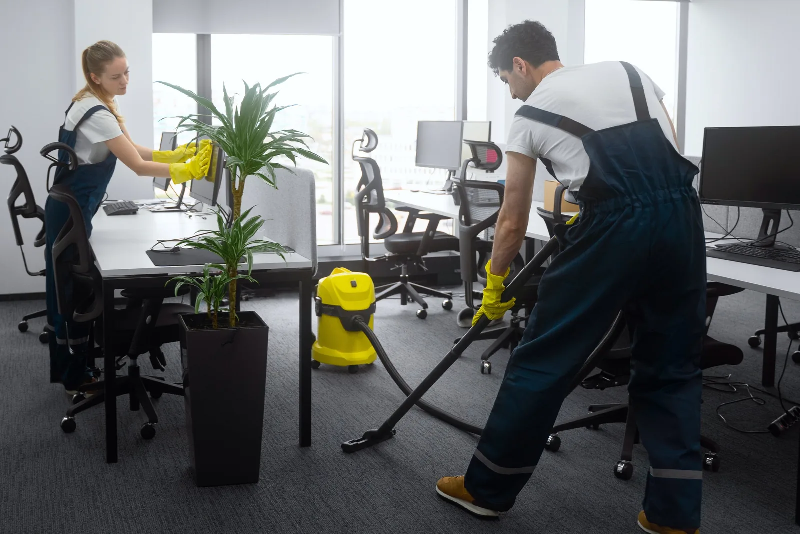 Two cleaners wiping desks and vacuuming carpet in an open-plan office