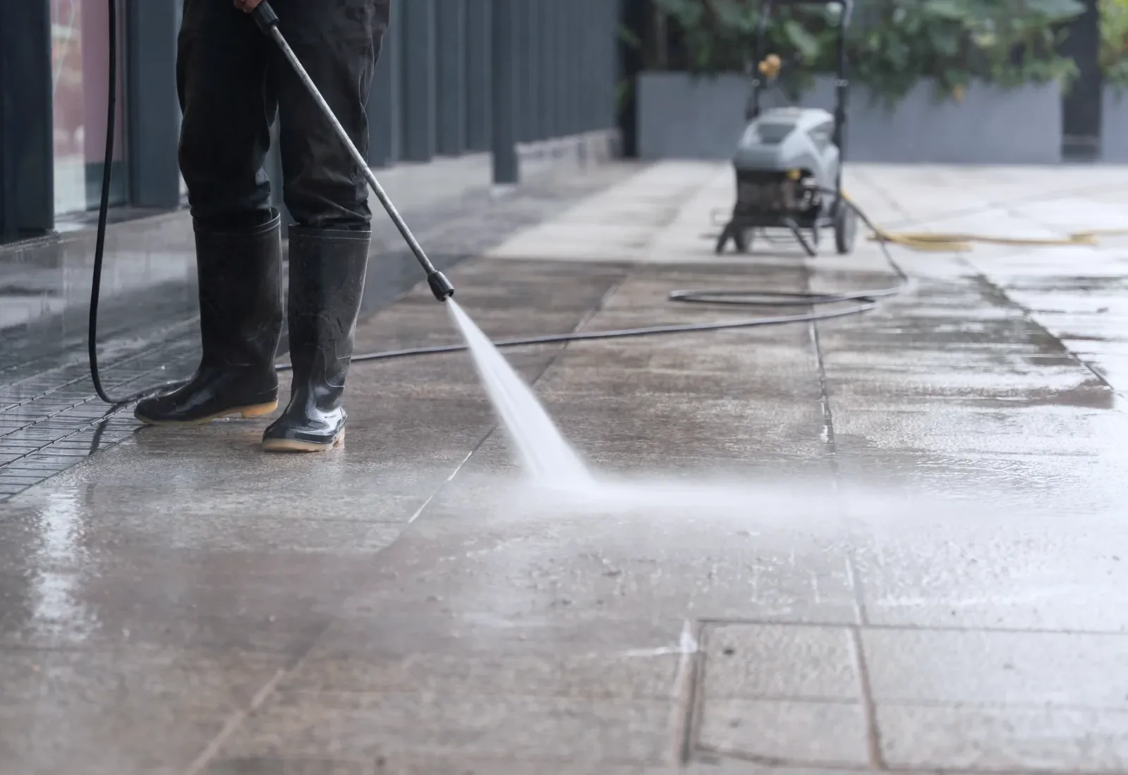 Pressure washing a paved path outside a building