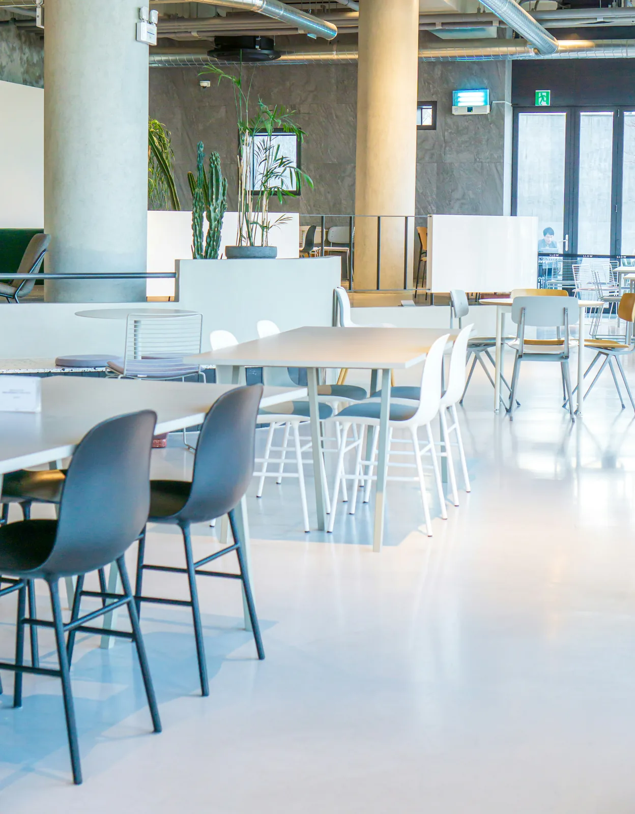 Clean, bright shared workspace with tables and chairs