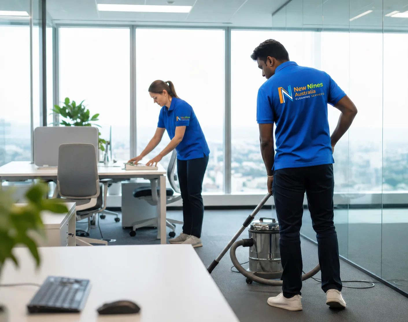 Two New Nines Australia cleaners working in an office with city views
